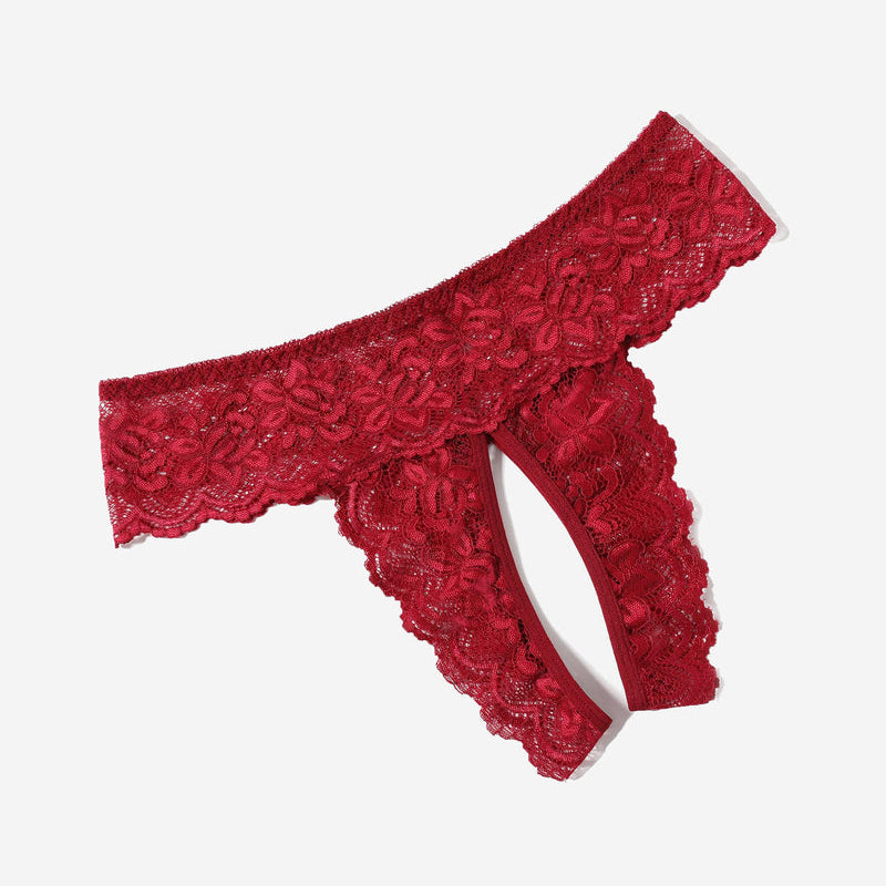 Red lace open-back Avidlove hipster lingerie, floral design, low rise, comfortable, sexy.