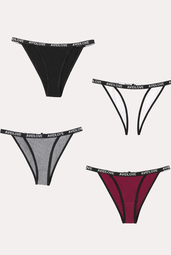 Avidlove cotton string panties 4-pack, black, white, grey, and burgundy, with logo waistband.