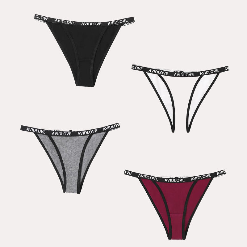 Avidlove cotton string panties 4-pack, black, white, grey, and burgundy, with logo waistband.