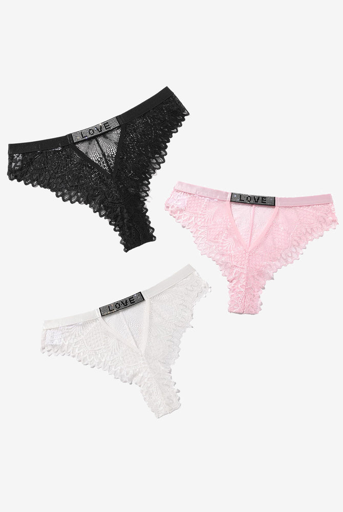 Lace thong underwear in black, pink, and white with rhinestone 'LOVE', soft, elegant design.