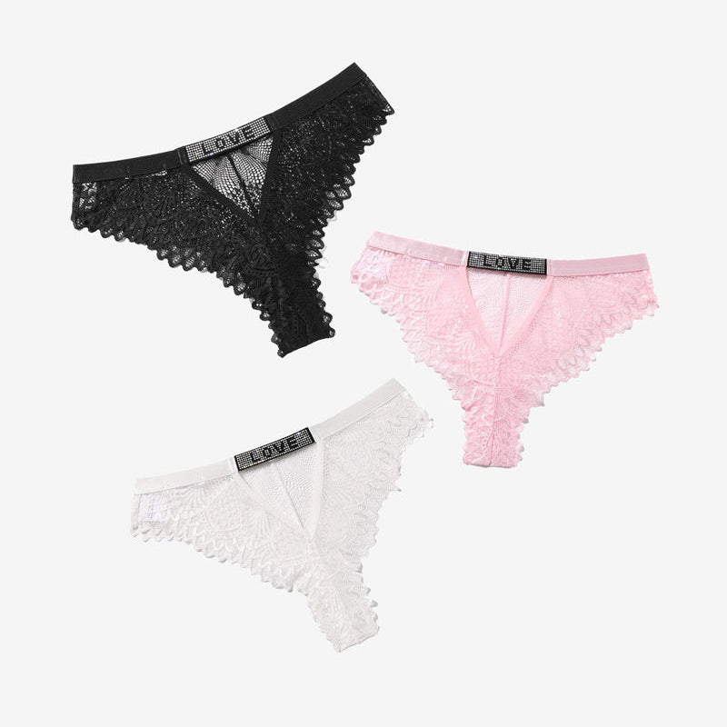 Lace thong underwear in black, pink, and white with rhinestone 'LOVE', soft, elegant design.