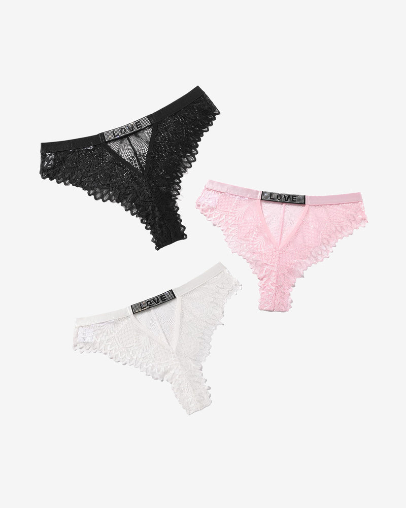 Lace thong underwear in black, pink, and white with rhinestone 'LOVE', soft, elegant design.