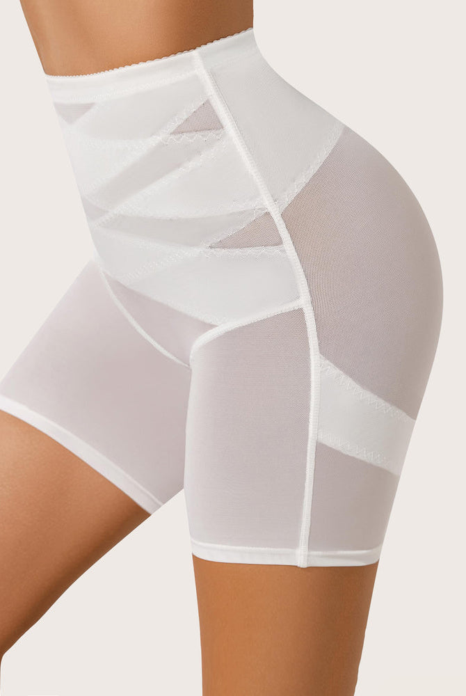 White high-waisted shapewear shorts with butt lift and tummy control, smoothing silhouette