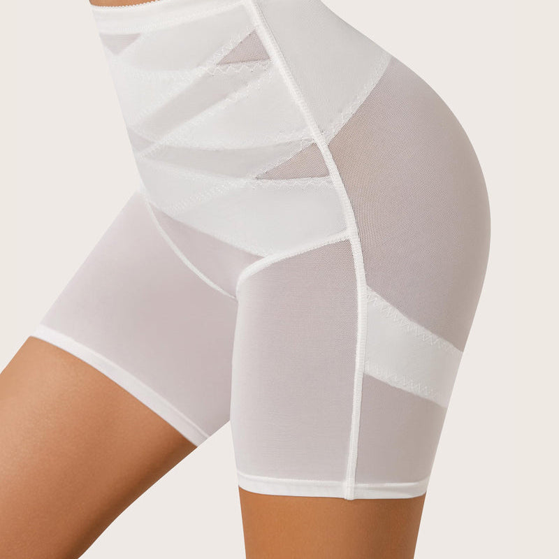White high-waisted shapewear shorts with butt lift and tummy control, smoothing silhouette