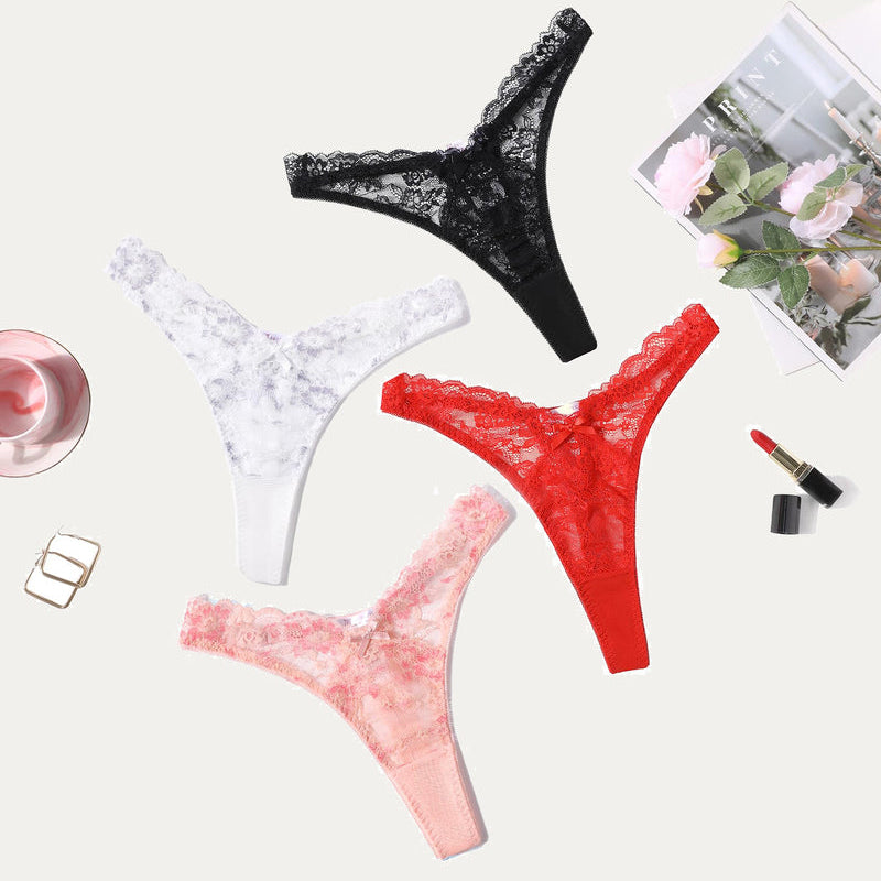 Avidlove lace G-string panties set in black, white, red, pink. Sexy floral lace thong lingerie.
