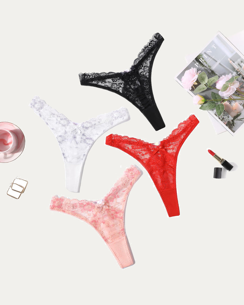 Avidlove lace G-string panties set in black, white, red, pink. Sexy floral lace thong lingerie.