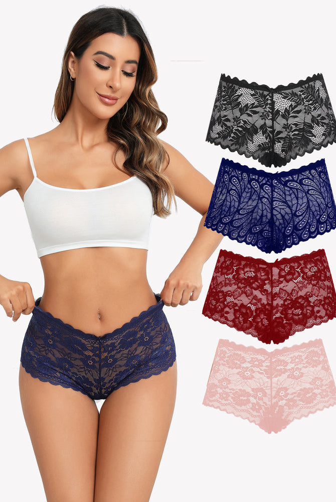 Avidlove floral lace mid-rise panties in navy, black, burgundy and pink. Soft stretch fabric.