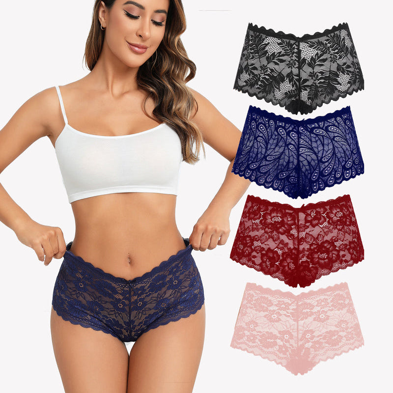 Avidlove floral lace mid-rise panties in navy, black, burgundy and pink. Soft stretch fabric.