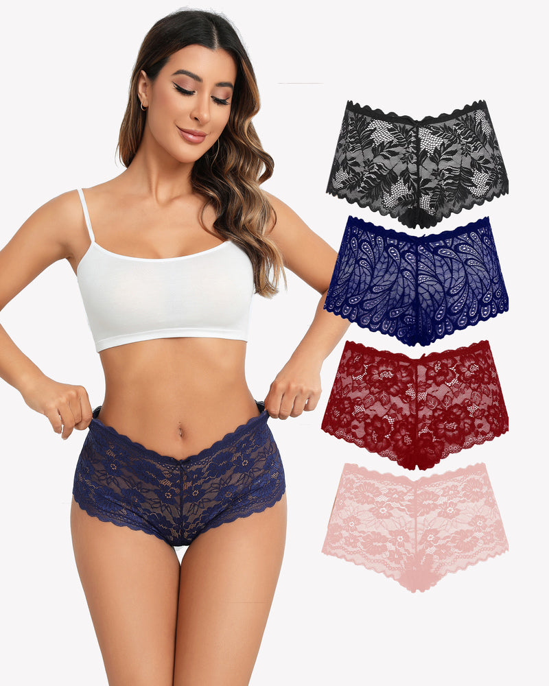 Avidlove floral lace mid-rise panties in navy, black, burgundy and pink. Soft stretch fabric.