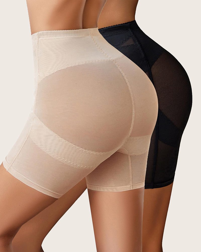Beige and black high-waisted shapewear shorts, tummy control, butt lift for a smooth silhouette.