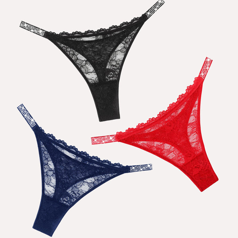 Black, red, and navy blue lace thongs with rhinestone straps. Sexy lingerie for women.