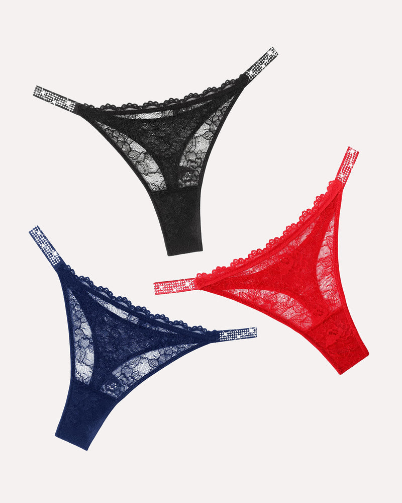 Black, red, and navy blue lace thongs with rhinestone straps. Sexy lingerie for women.