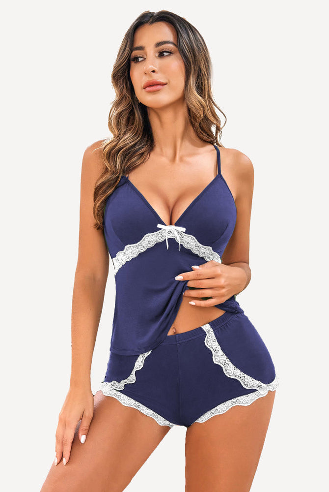Lace trim navy cami short pajamas set. Comfortable, sexy sleepwear with adjustable spaghetti straps.