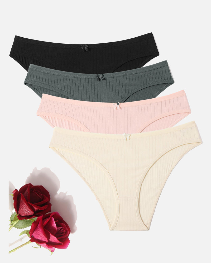 Cotton ribbed hipster panties in various colors, low-rise, ribbed texture for everyday comfort.