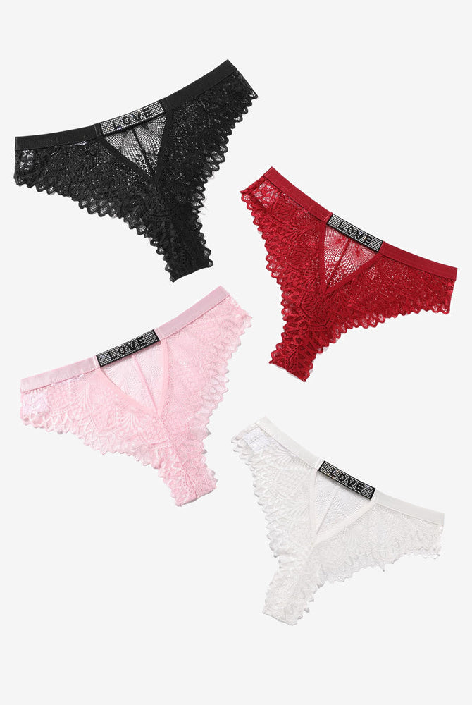 Lace panty thongs with rhinestone 'LOVE' detail, available in black, red, pink, and white.