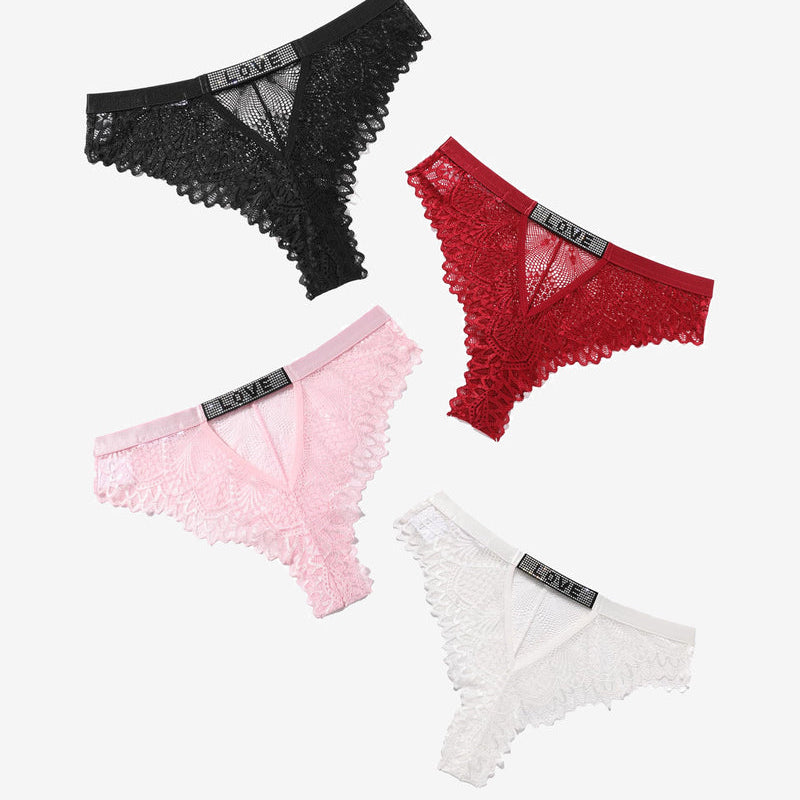 Lace panty thongs with rhinestone 'LOVE' detail, available in black, red, pink, and white.