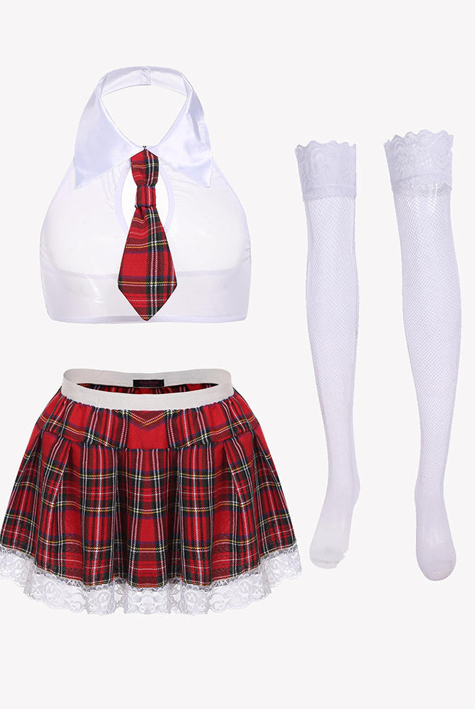 School girl lingerie set: red plaid skirt, white halter top, plaid tie, and lace trim, sexy costume