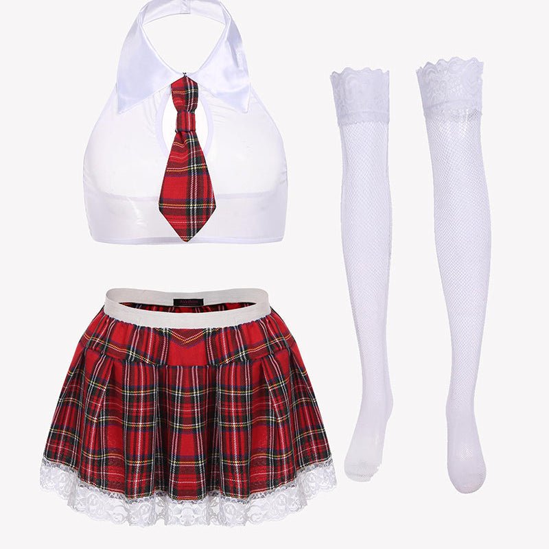 School girl lingerie set: red plaid skirt, white halter top, plaid tie, and lace trim, sexy costume