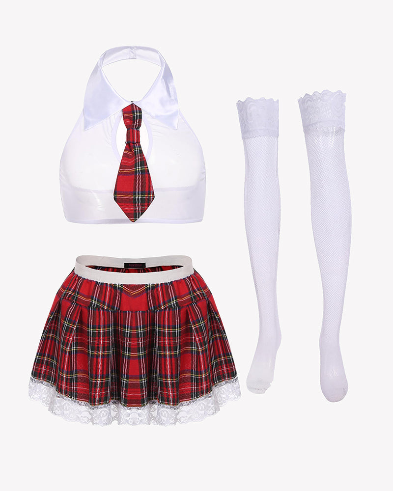 School girl lingerie set: red plaid skirt, white halter top, plaid tie, and lace trim, sexy costume