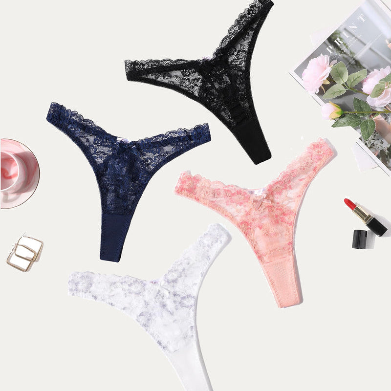 Avidlove lace G-string panties set: black, navy, pink, white. Sexy floral lace thong lingerie.