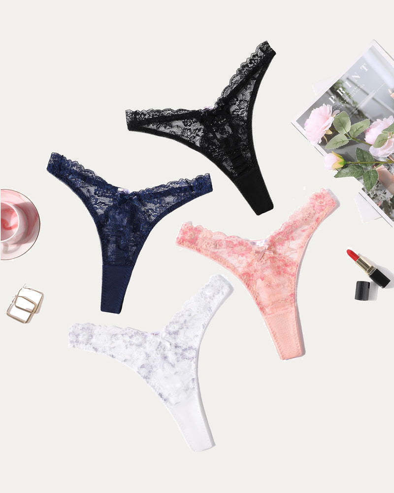 Avidlove lace G-string panties set: black, navy, pink, white. Sexy floral lace thong lingerie.