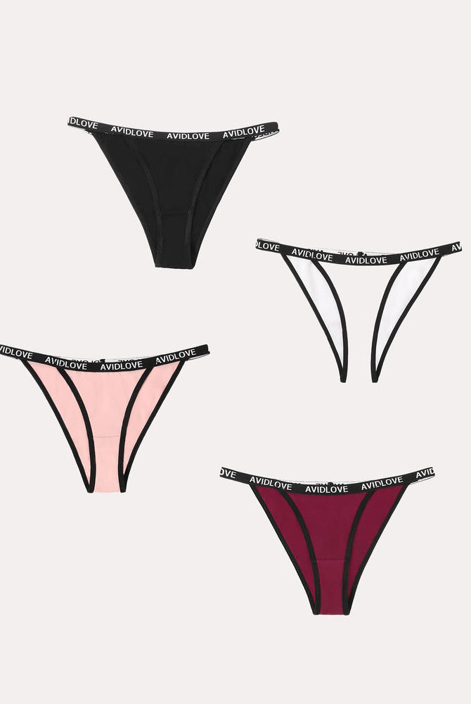 Avidlove 4-pack cotton string panties in various colors with logo waistband, sexy lingerie
