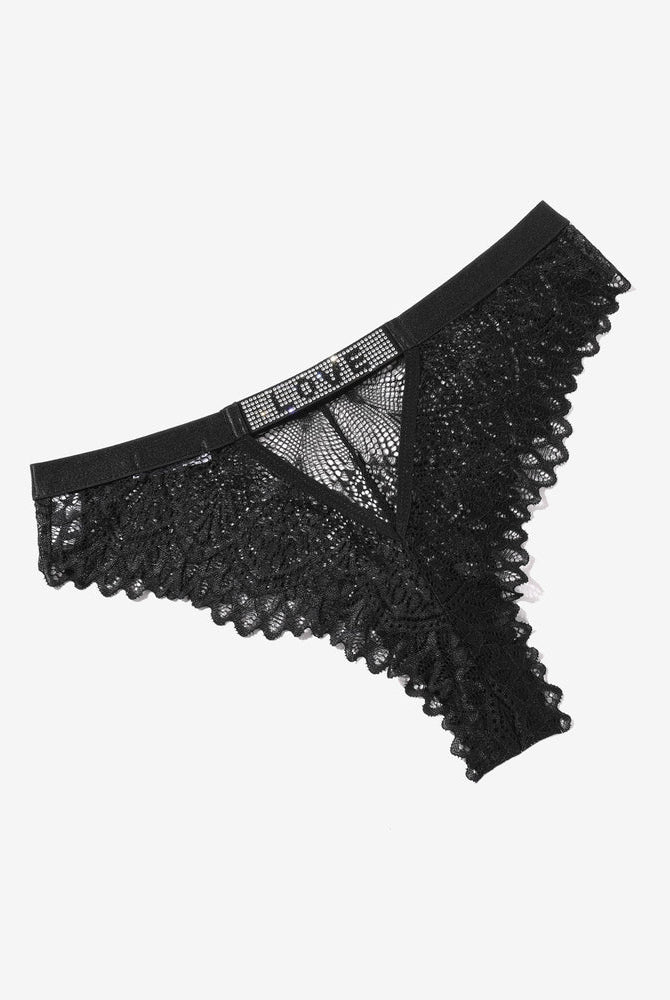 Black lace thong with rhinestone LOVE detail, stylish and elegant, comfortable and soft.