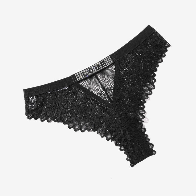 Black lace thong with rhinestone LOVE detail, stylish and elegant, comfortable and soft.