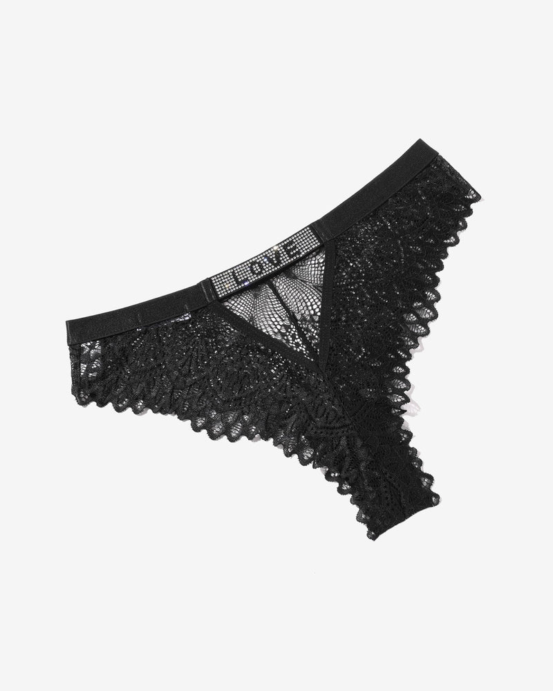 Black lace thong with rhinestone LOVE detail, stylish and elegant, comfortable and soft.
