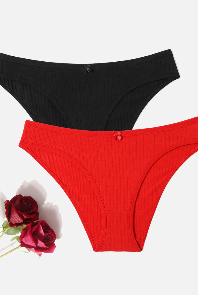 Cotton ribbed hipster panties in black and red, low-rise, breathable lingerie with bow detail.