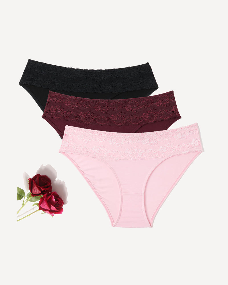 Seamless lace hipster panties in black, burgundy, and pink, high-cut and comfortable