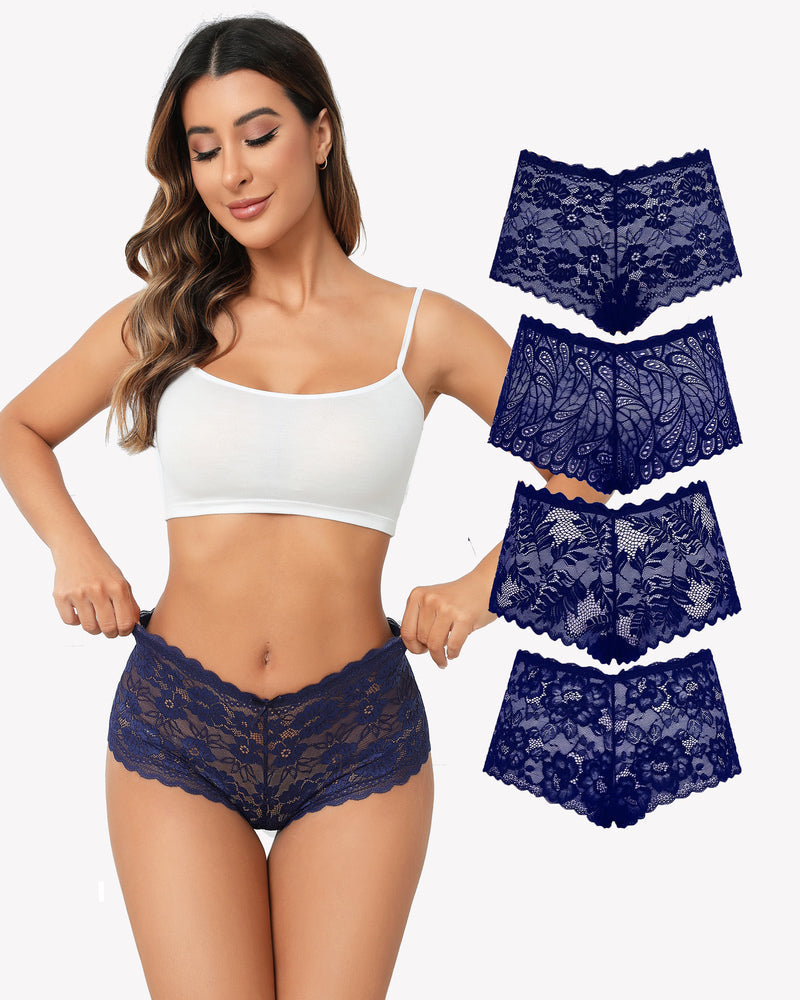 Avidlove 4 Pcs Dark Blue Floral Lace Panties, model wearing mid-rise style, soft stretch