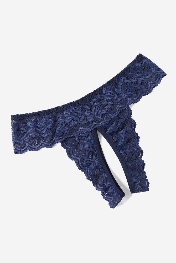 Avidlove navy blue lace low rise hipster, open back, sexy lingerie with floral detail.