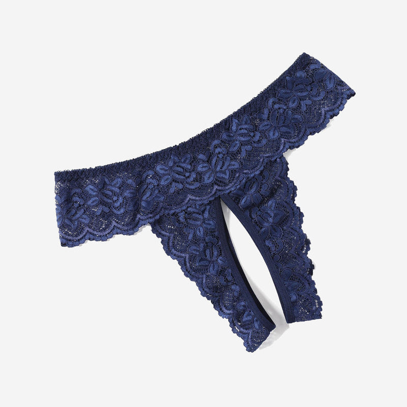 Avidlove navy blue lace low rise hipster, open back, sexy lingerie with floral detail.