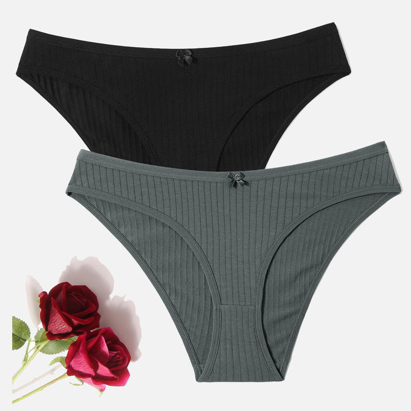 Black and grey-green cotton ribbed hipster panties with bow details. Low-rise, breathable lingerie.