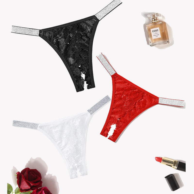 Avidlove low rise lace panties in black, red, and white with shine strap detail, sensual lingerie