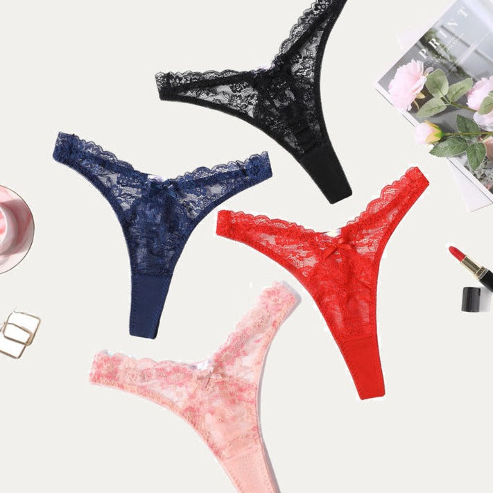 Avidlove Lace G-string set. Includes black, navy, red, and pink thong panties for a sexy look.
