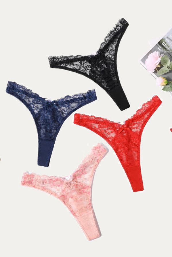 Avidlove Lace G-string set. Includes black, navy, red, and pink thong panties for a sexy look.