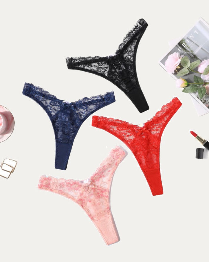 Avidlove Lace G-string set. Includes black, navy, red, and pink thong panties for a sexy look.