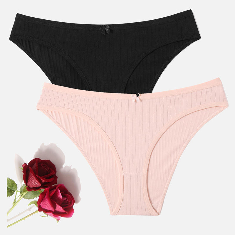 Black and pink cotton ribbed hipster panties with bow. Low-rise, ribbed, comfortable lingerie.
