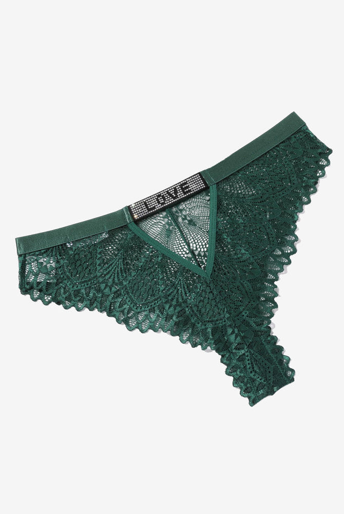 Green lace thong panty with rhinestone 'LOVE', soft and elegant design.