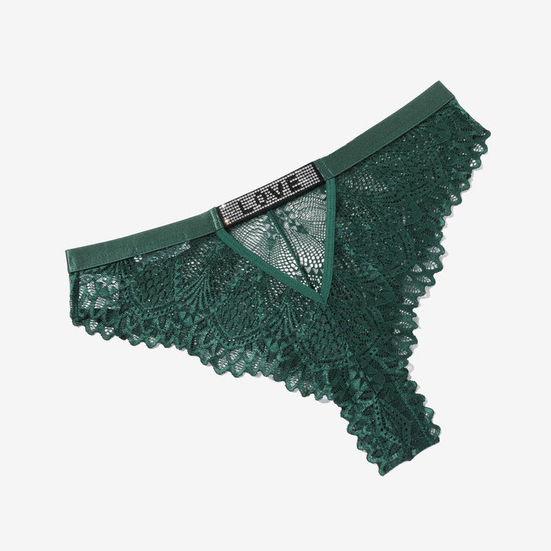 Green lace thong panty with rhinestone 'LOVE', soft and elegant design.