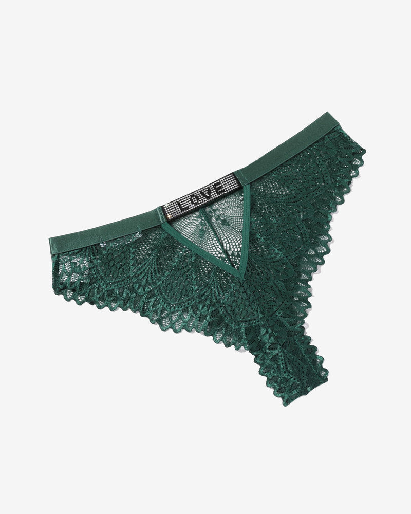 Green lace thong panty with rhinestone 'LOVE', soft and elegant design.