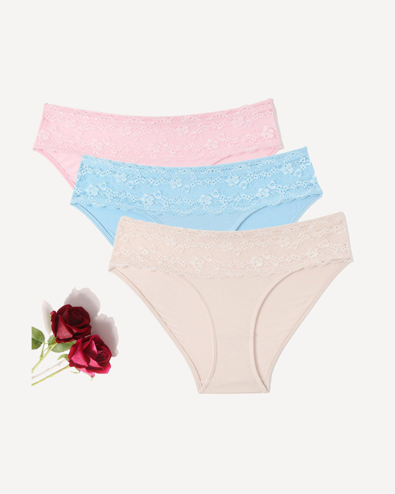 Seamless lace hipster panties in pink, baby blue, and beige. Soft, comfortable, high-cut design.