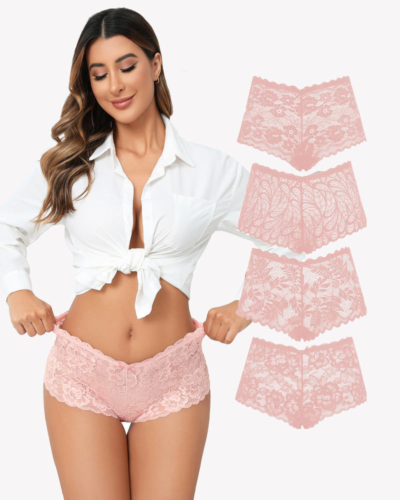 Avidlove pink floral lace panties set, model wearing mid-rise, soft stretch, delicate lace trim