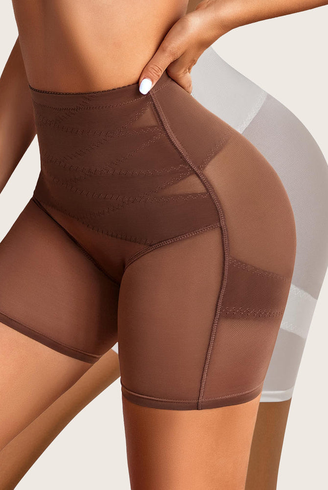 Brown shapewear shorts: high-waisted, tummy control, butt lift, mesh design, smooth silhouette