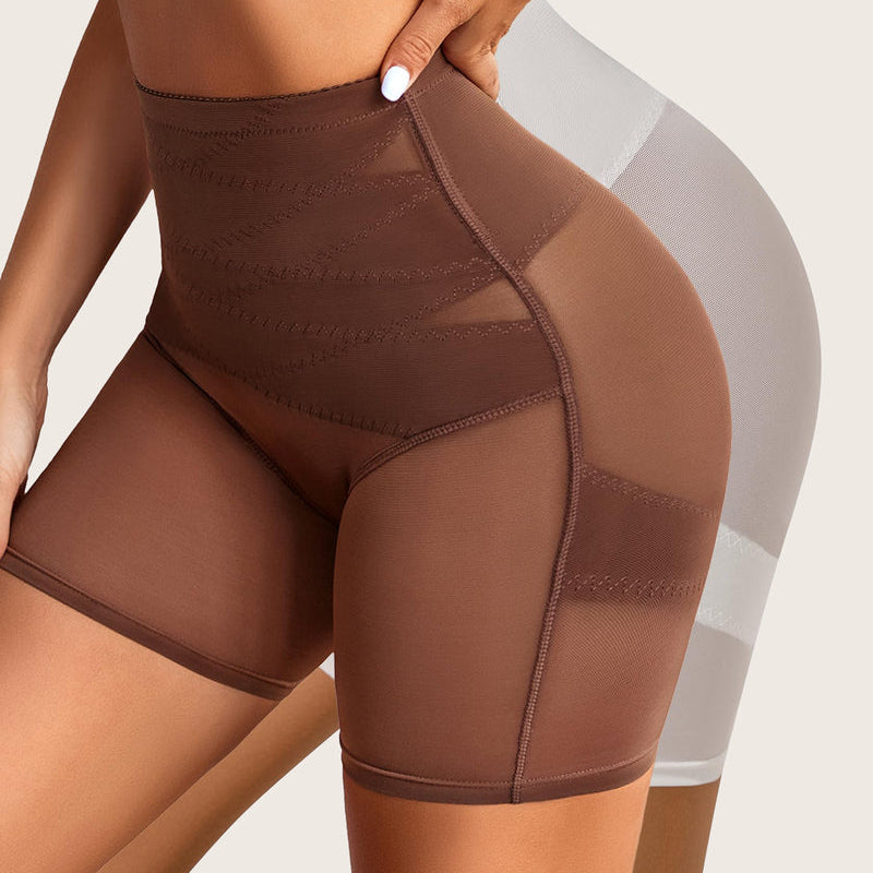 Brown shapewear shorts: high-waisted, tummy control, butt lift, mesh design, smooth silhouette