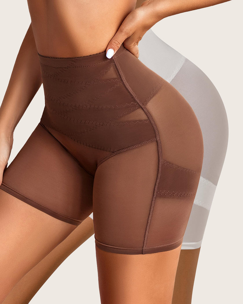 Brown shapewear shorts: high-waisted, tummy control, butt lift, mesh design, smooth silhouette