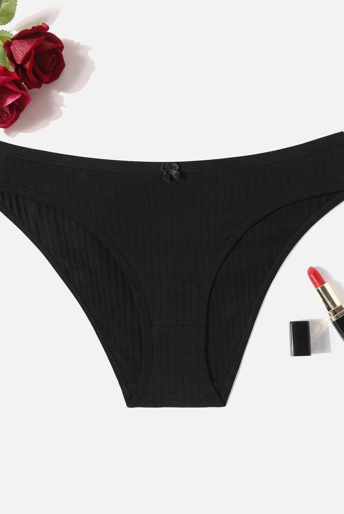 Black cotton ribbed hipster panties, low-rise, breathable lingerie with bow detail.