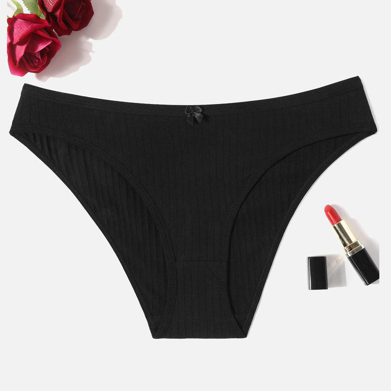 Black cotton ribbed hipster panties, low-rise, breathable lingerie with bow detail.